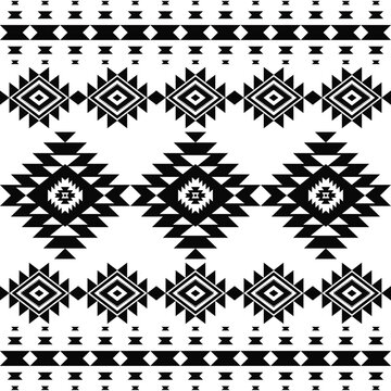 American samless black white tribal ethnic native pattern.Traditional Navajo,Aztec,Apache,Southwest style fabric pattern.Abstract vector motifs.For fabric,clothing,blanket,carpet,woven,wrap,decoration