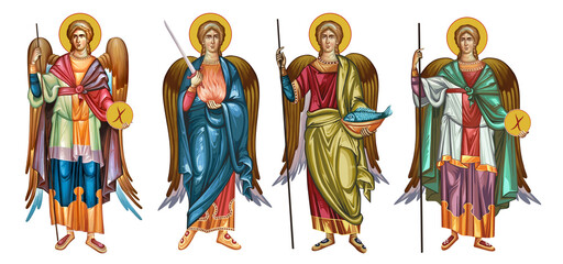 Four Archangels close God's throne. Four cardinal points. Archangel Gabriel, Uriel, Raphael and Michael. Traditional illustration in Byzantine style isolated