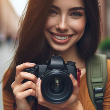 Beautiful young woman with camera on the city street. Portrait of a smiling girl with a camera.