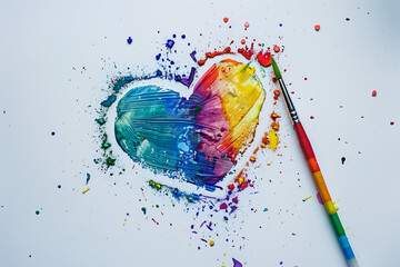 Paintbrush and rainbow colored heart shaped painting on the canvas