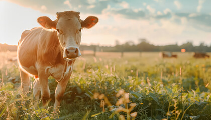 A cow is walking through a field of grass - Powered by Adobe