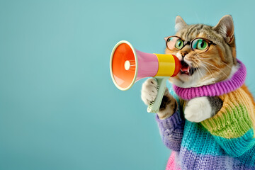 Fashionable cat announcing using megaphone. Notifying, warning, announcement.
