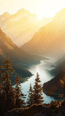 fir trees and lake among mountains with sunlight at sunset.