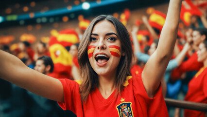Elated Spanish Fan with Flag Face Paint at Soccer Game - obrazy, fototapety, plakaty