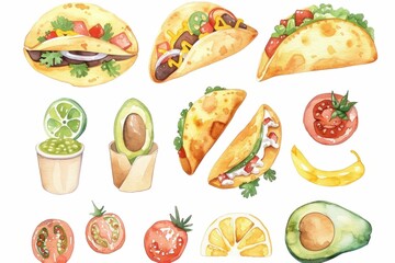 Traditional Mexican Food Watercolor Illustration with Tacos, Guacamole, and Avocado on White Background
