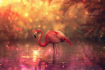 A graceful pink flamingo stands tall in the water, showcasing its slender long legs and curved neck. The bird appears poised and alert in its natural habitat