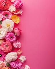 top view of flowers on pink table