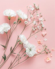 top view of white flowers on pink table