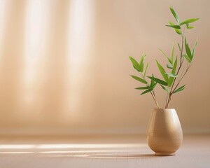 Bamboo in vase, simplistic elegance, soft beige background, minimalistic design, spa wallpaper focus 