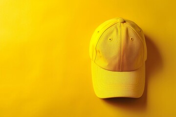 Flat lay baseball cap, vibrant yellow background, bold contrast, design focus, ready for artwork