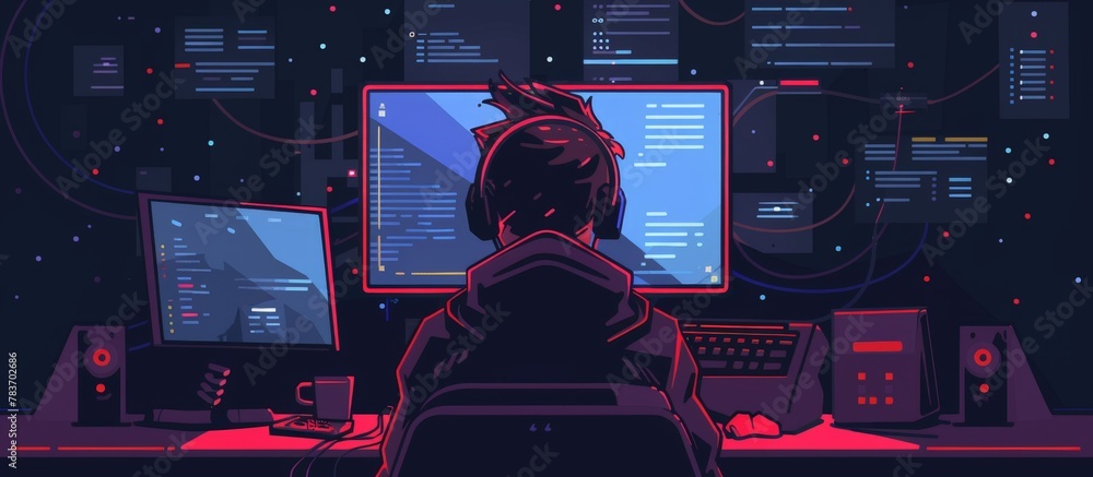 Aufkleber a person is seated at a desk, surrounded by a computer and multiple monitors, engaged in work