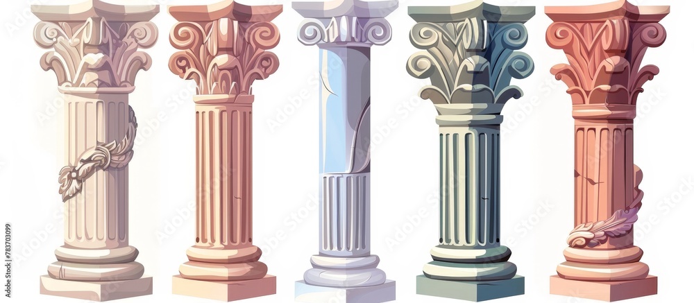 Poster group of four distinctively colored columns each featuring intricate designs
