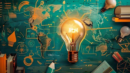 Education and Intelligence Collage with Global Travel Theme, bulb, light, map