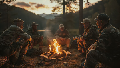 A group of men sit around a fire, some of them wearing camouflage