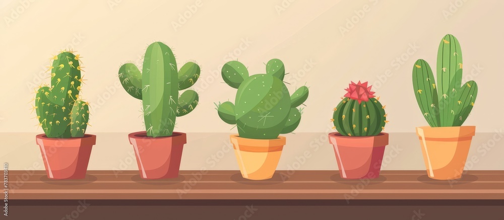 Poster Mini cactuses displayed in pots on a table inside a home