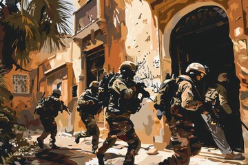 A painting depicting armed military men marching down a street in formation. The soldiers are dressed in uniform, carrying weapons, and appear to be on a mission or patrol - obrazy, fototapety, plakaty