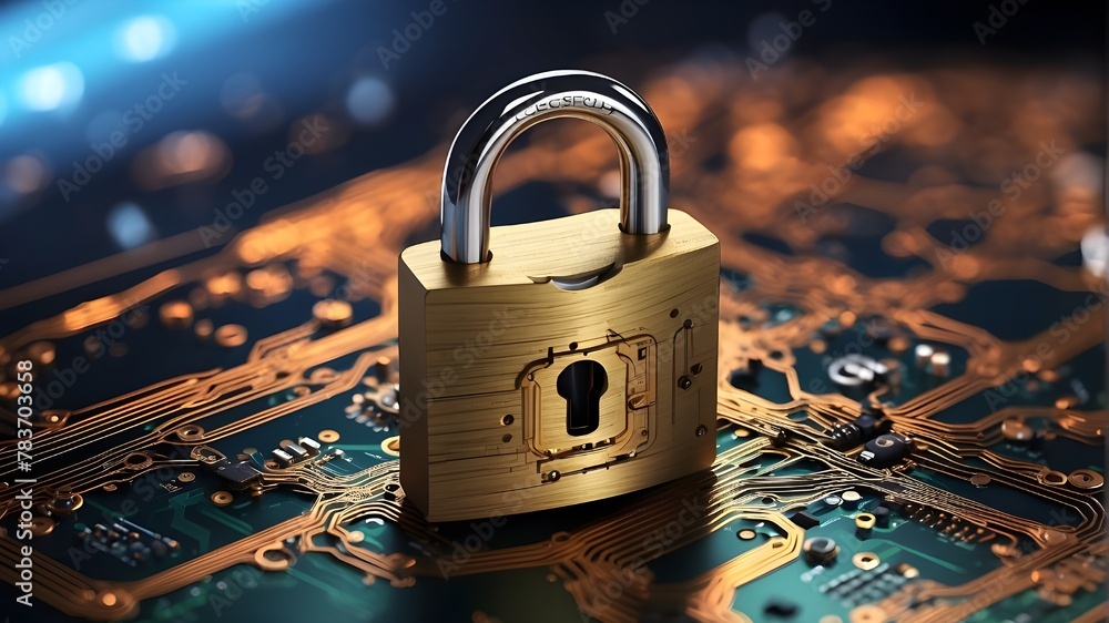 Poster core concepts of cybersecurity: padlock on circuit board, network protection, high-tech security