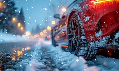 Professional close-up photo of a cars winter wheels in heavy deep snow road - obrazy, fototapety, plakaty