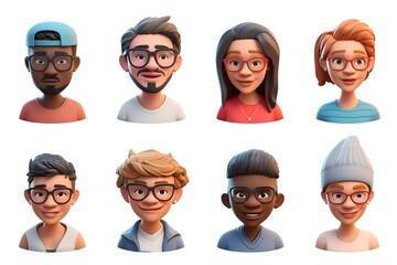 3D avatar of a group of young people of different genders and nationalities. A set of people. Portrait of different people