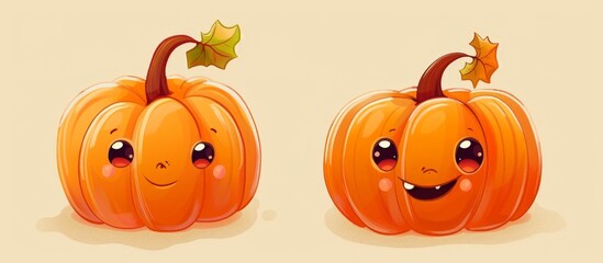 Two whimsical pumpkins, each featuring unique facial expressions and topped with decorative leaves