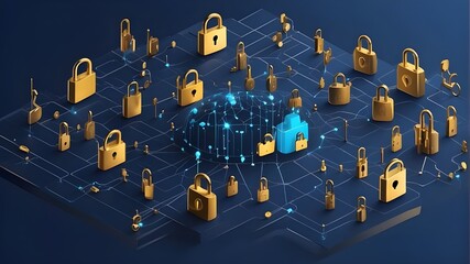 An isometric depiction of padlocks in a connected virtual network highlighting the value of several security gates for enhancing data and cyber security - flat illustration with a dark blue background