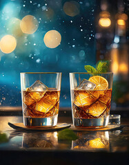 Two glasses with a brown alcoholic drink, in glasses against a background of winter mountains