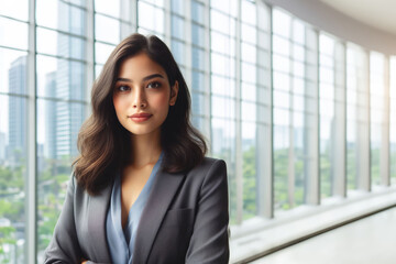 A woman office worker with brown hair, in a gray suit, stands in a large room, near a large bright window, sunlight