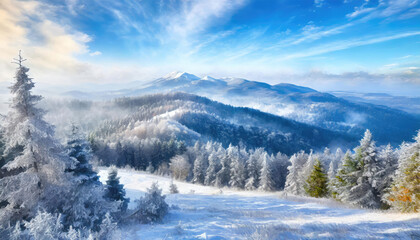 Frosty morning in the mountains. Winter landscape made with paints