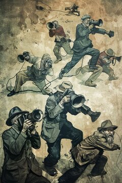A painting depicting a group of people holding cameras, possibly journalists or media personnel, capturing an event or scene