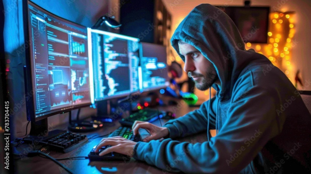 Aufkleber man in hoodie sitting at desk with two computer screens in front of him, working in office environme