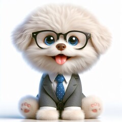 of a cute puppy wearing suit and cool fashion eyeglasses , funny, happy, smile, white background