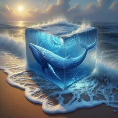  an ice cube sculpture on sand, concealed inside the ice cube is a very detailed stunning blue whale, detailed art, the sun and sea, liquid shaped sphere - obrazy, fototapety, plakaty
