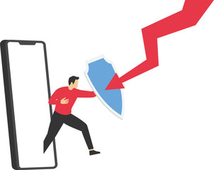 Privacy Data Protection in Internet. Tiny Character in front of Huge Laptop with Shield,Protecting from attack. Cartoon People Vector Illustration.

