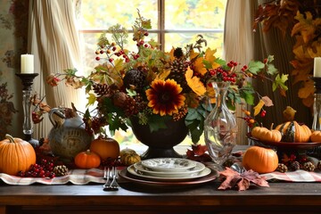 Inviting Autumn harvest brown table. Day fall. Generate Ai