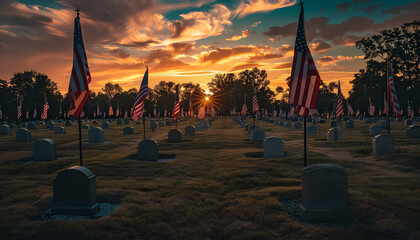 A cemetery with many graves and flags in the background