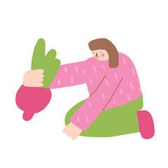 Woman icon. Cute hand drawn doodle isolated female lady. Girl planting vegetables background
