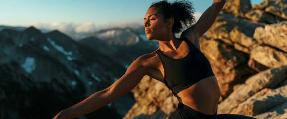 Lifestyle portrait of fit athletic black woman stretching and doing yoga workout on scenic mountain at sunrise - obrazy, fototapety, plakaty