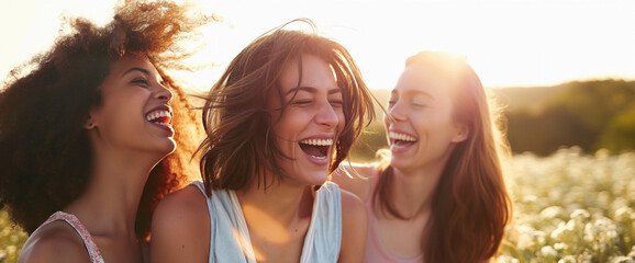 Three girl friends on summer holiday, laughing together in countryside field - obrazy, fototapety, plakaty