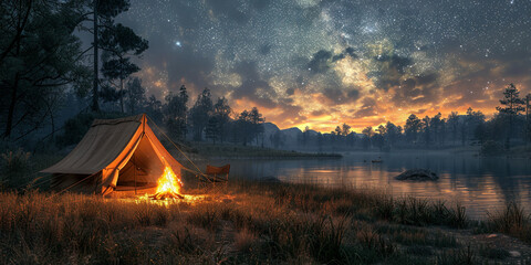 A image of a tent pitched in a wilderness campsite, with a campfire glowing and a star-filled sky overhead - obrazy, fototapety, plakaty