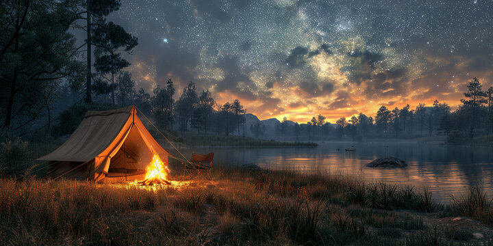 A image of a tent pitched in a wilderness campsite, with a campfire glowing and a star-filled sky overhead