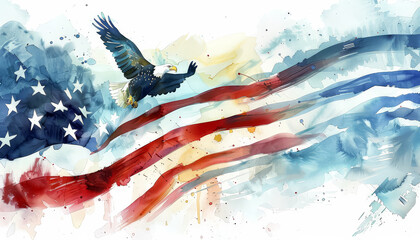 A watercolor painting of an eagle with the American flag in the background - obrazy, fototapety, plakaty