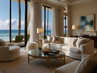 Fototapeta premium stunningly luxurious living room, exuding glamour and elegance, cozy ambiance and exquisite decor, large windows offer a beautiful beach outlook, generated ai