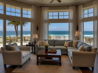 Fototapeta premium stunningly luxurious living room, exuding glamour and elegance, cozy ambiance and exquisite decor, large windows offer a beautiful beach outlook, generated ai