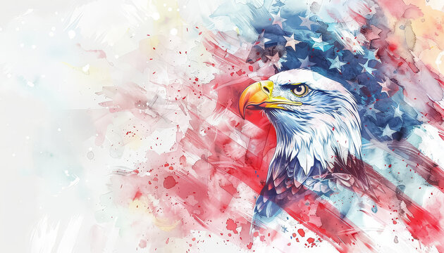 A watercolor painting of an eagle with the American flag in the background