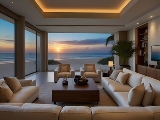 stunningly luxurious living room, exuding glamour and elegance, cozy ambiance and exquisite decor, large windows offer a beautiful beach outlook, generated ai