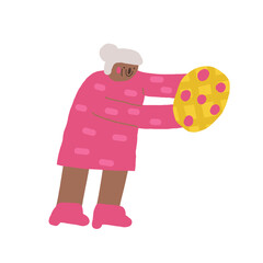 Old person icon. Cute hand drawn doodle isolated grandmother. Old lady, woman with pizza, pie, food background