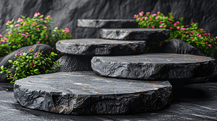 Podium black dark background product platform abstract stage stone texture. Dark black floor, podium, dramatic empty night room, table, concrete wall, stage space, studio, Generative AI. - obrazy, fototapety, plakaty