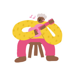 Old person icon. Cute hand drawn doodle isolated grandfather. Old gentleman, man sinning song, playing guitar background