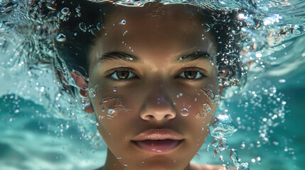 beautiful brown mixed race woman underwater with brown open eyes and clear skin face facing forward looking at camera created with Generative AI Technology