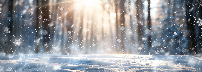 Sun rays piercing through snowy winter forest landscape. Panoramic nature background